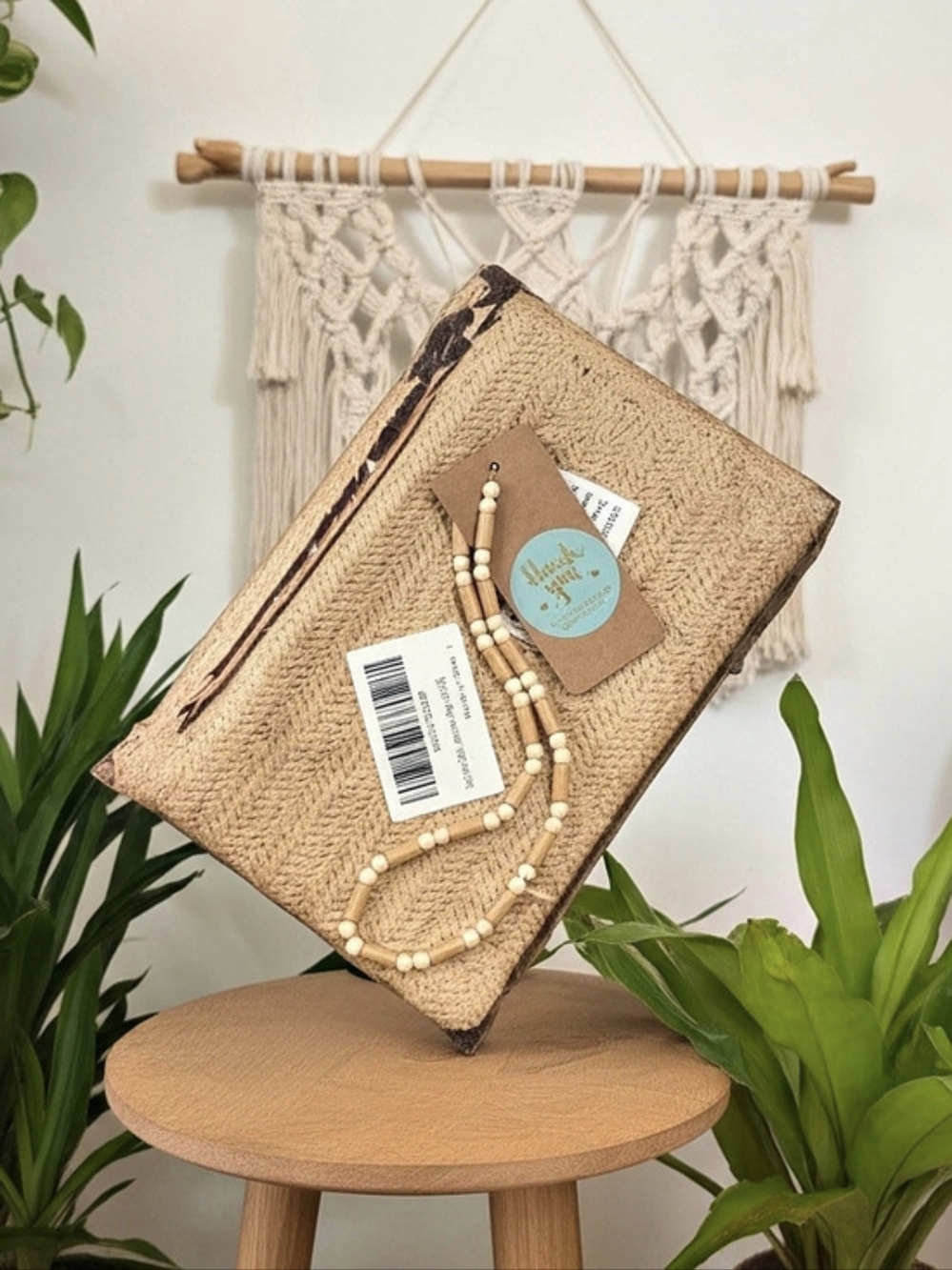 Set: Small Straw Clutch & Tan Beaded Necklace - NWT